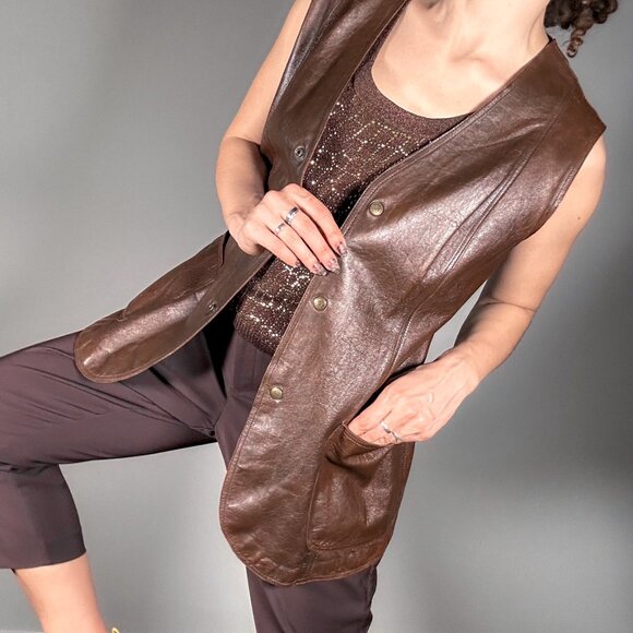 Vintage Long Brown Leather Vest by Jofama of Sweden - Picture 3 of 9